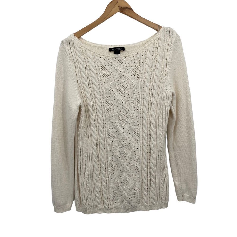 WHBM off white sweater cable stitch metallic beading